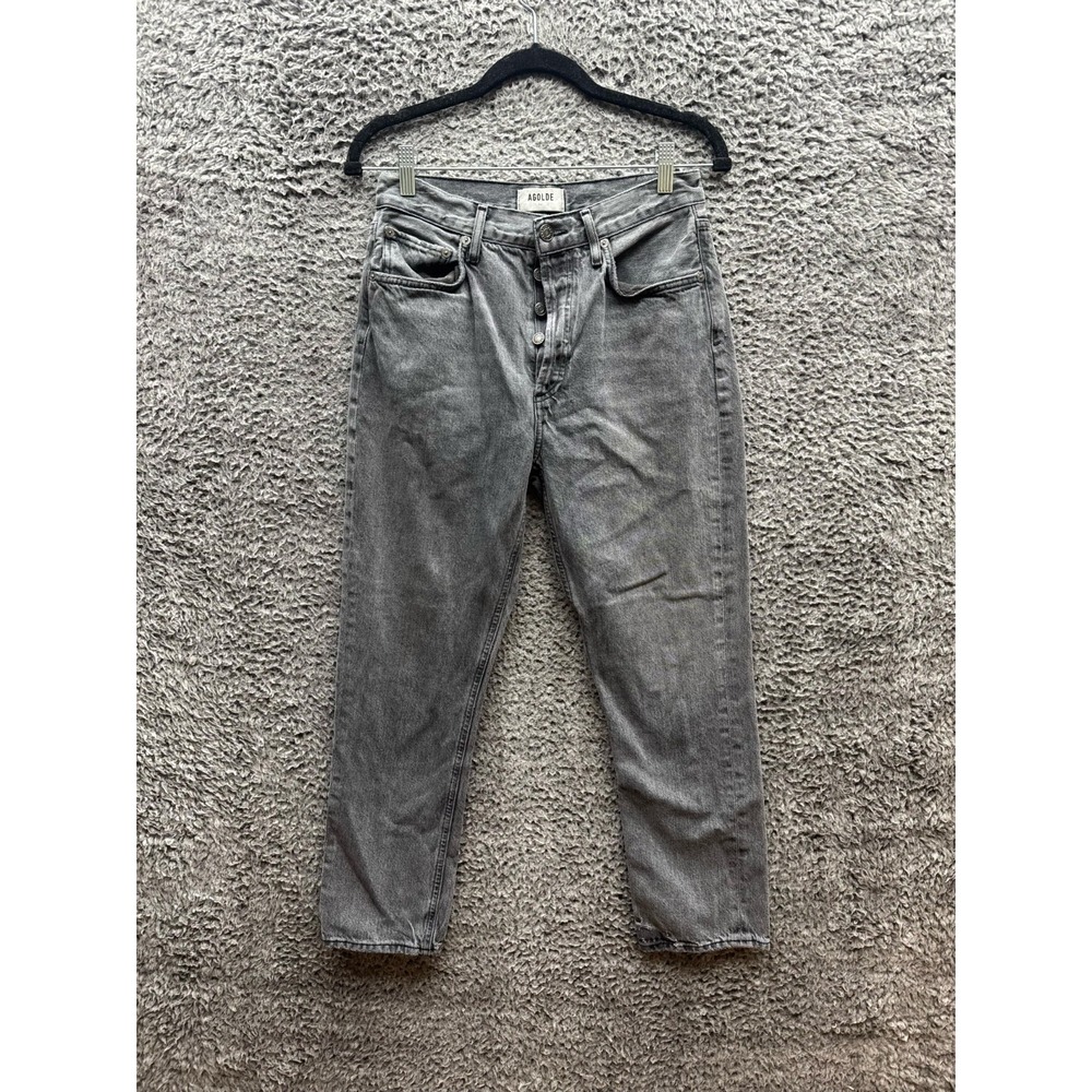 Agolde Riley Crop‎ High Rise Button Fly Straight Jeans Black Womens Size 26 x 25